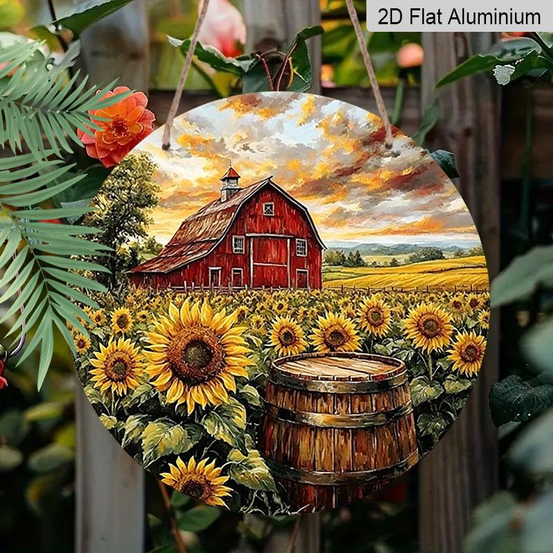 2D Flat, 1pc Classic Metal Aluminum Sign, Featuring Red Barn And Sunflowers In A Field, Round Wall Art for Front Door, Porch, Yard, Patio, Garden