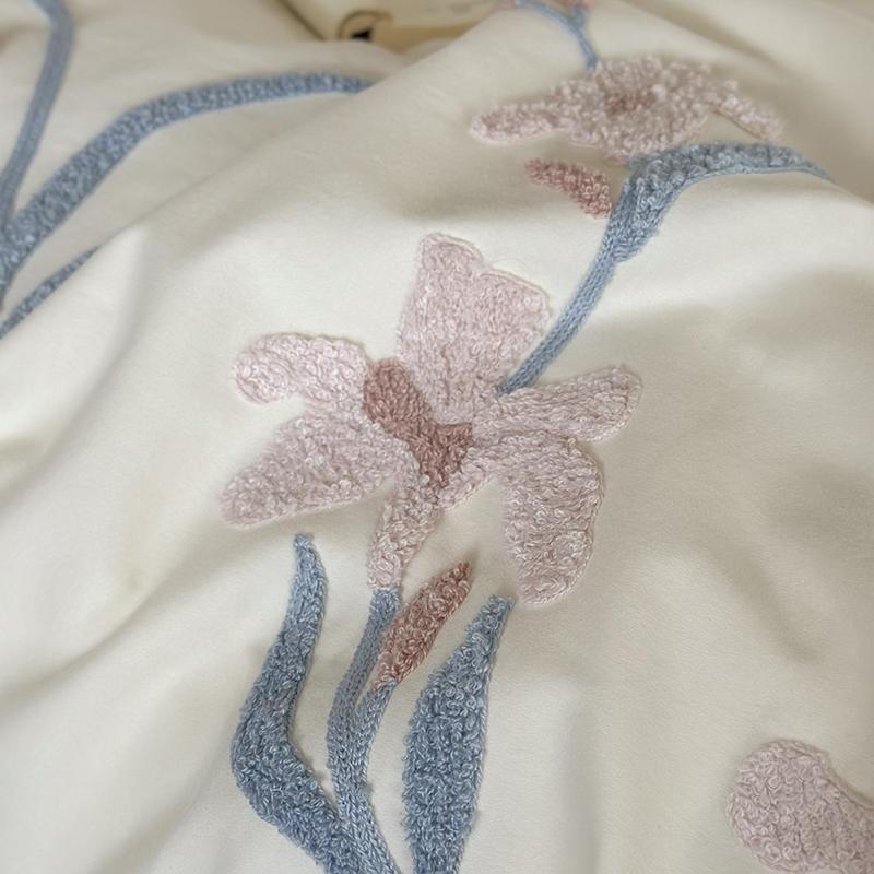 3pcs Elegant Embroidered Orchid Duvet Cover Set (1*Duvet Cover + 2*Pillowcase, Without Core), Lace embroidery Bedding Set