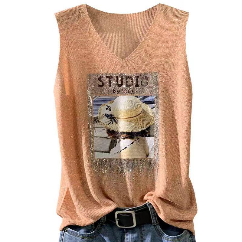 2023 Shiny Silk Sleeveless V-Neck Women's Vest - Spring/Summer New Style, Loose Fit with Hot Diamond Sling Knitted Design