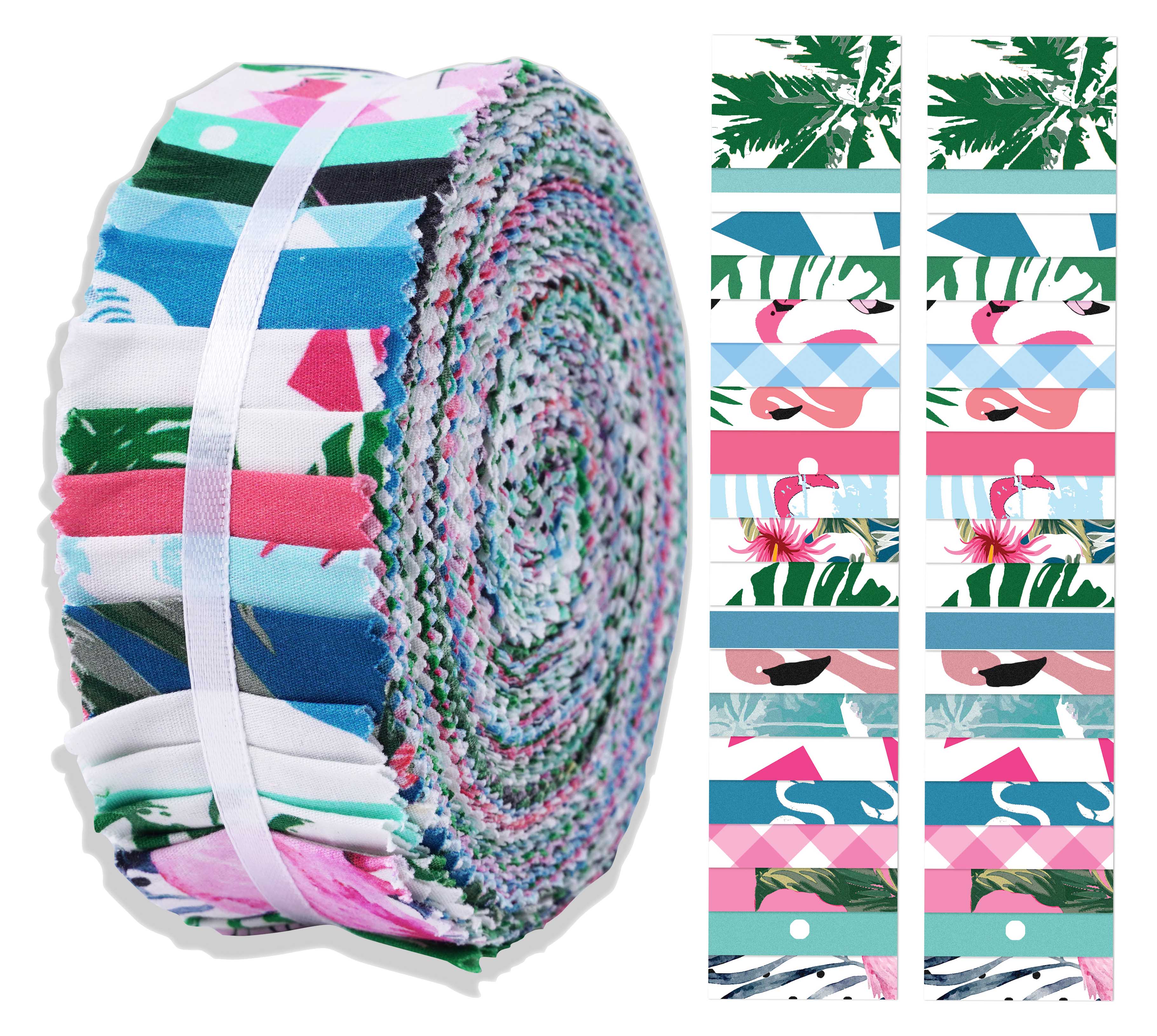 

Soimoi 40Pcs Tropical Theme Flamingo Print Precut Fabrics Strips Roll Up 1.5x42inches Хлопковое желе Рулоны для квилтинга - Розовый, Синий и 1.5x42 inches разноцветный