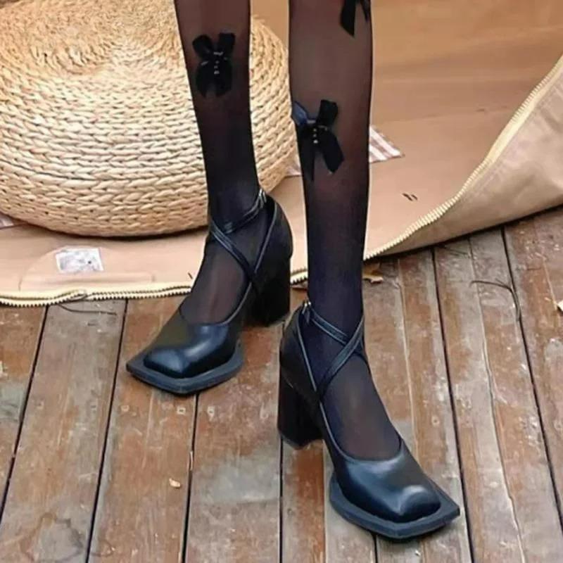 Square Toe Chunky Mary Jane Shoes Women Shallow Strap Retro Women Shoes Designer Pumps Woman Spring Fall New Black High Heels