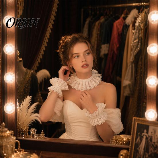 Lace Collar Ruffle And Wrist Cuff Sleeves Set, Vintage Clown Costume, White Victorian Choker Accessories for Halloween Cosplay, Tea Party Style