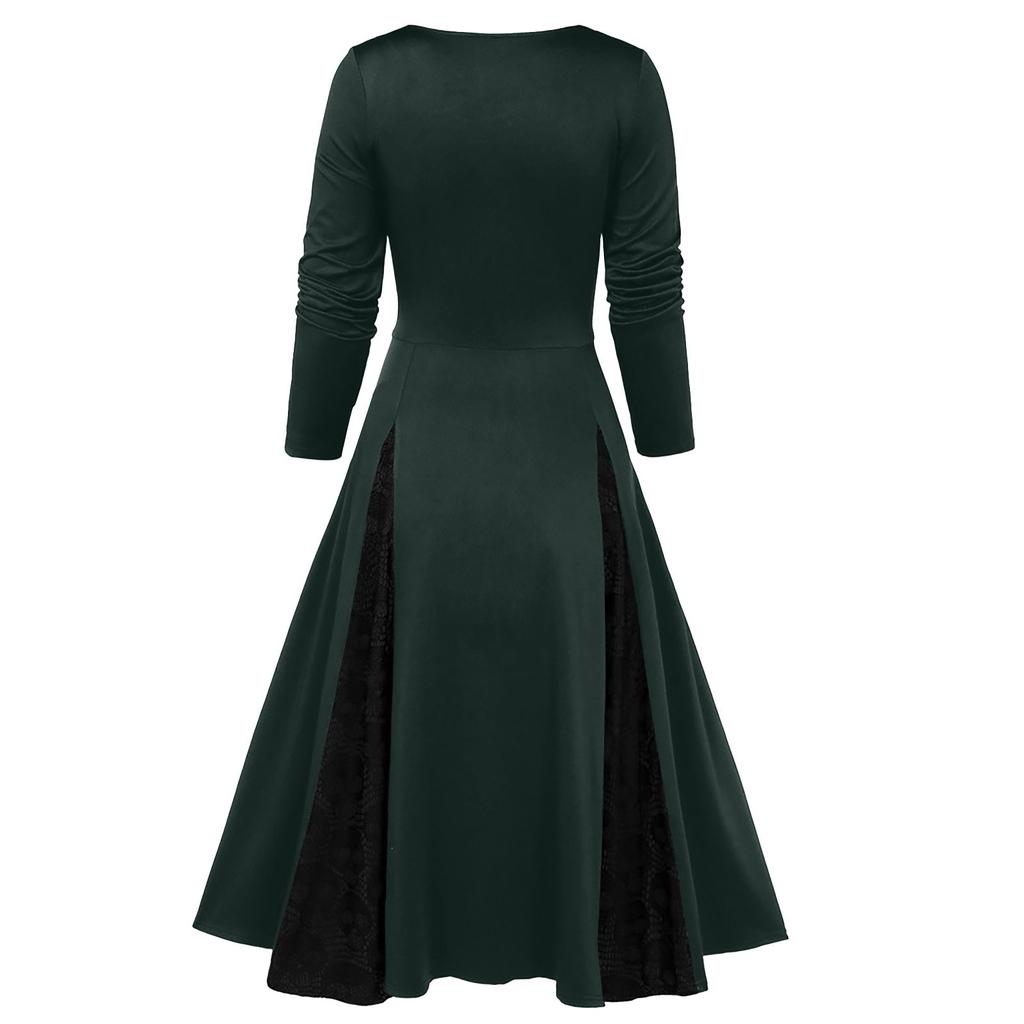 Women's Lace Color Block Patchwork Dress Vintage Long Sleeve Bow Dress Halloween Party Dress
