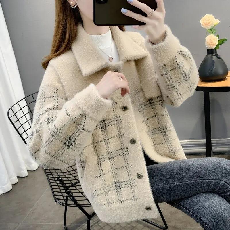 

Бархатное пальто из искусственной норки, женское весенне-осеннее новое корейское пальто для мам, свитер из искусственной норки, женский кардиган на пуговицах XXL