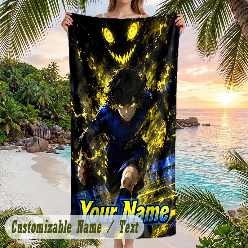 Blue Lock Beach Towel, Personalized Custom Name Text, Quick Dry Large Absorbent Towel For Beach Pool