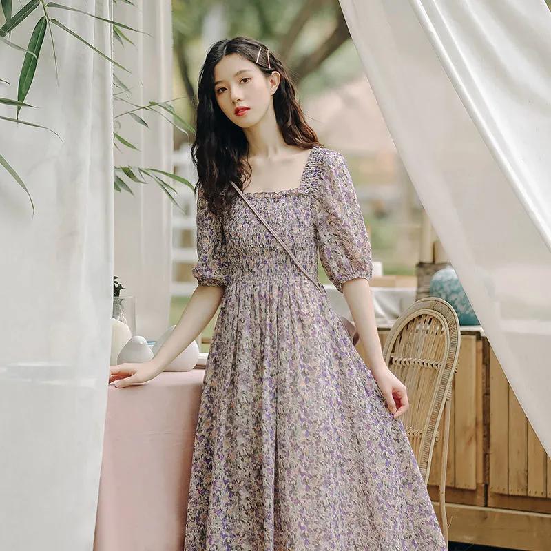 Women's Sweet and Gentle Summer Waist Cinching Floral Dress with Square Neckline, Slimming Temperament A-line Skirt