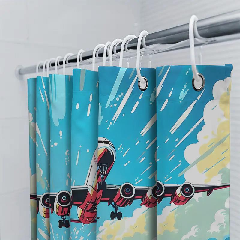 Vibrant Retro Airplane Design Bath Curtain Waterproof Fabric Ideal For Bathroom Decor Includes Hanging Rings For Easy Setup
