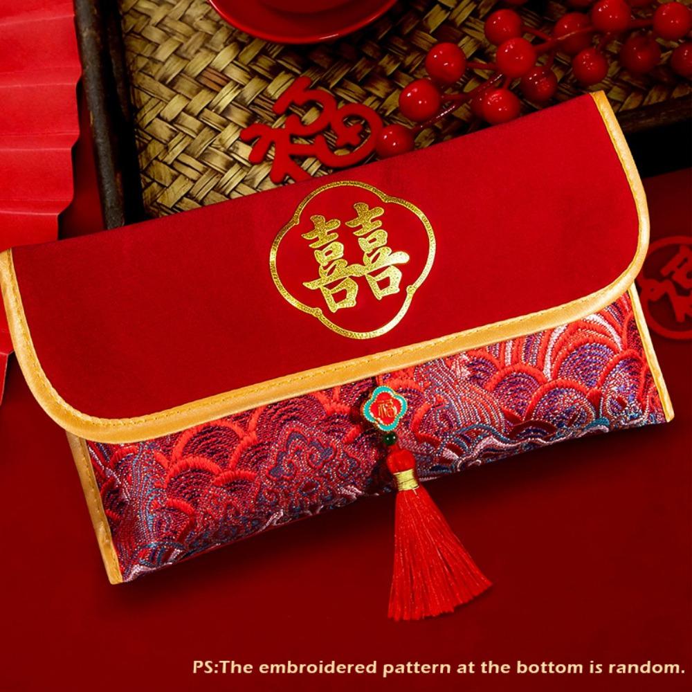 Creative Chinese Style Red Envelope Embroidered Brocade Tassel Design Red Pocket with Blessing Words Red Packet Wedding 19.8x11.5cm