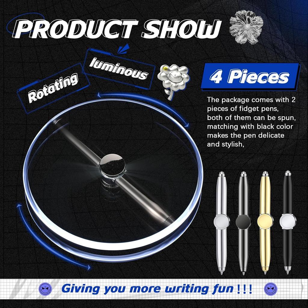 Sabary 4 Pcs Fidget Pen Spinner Pen with LED Light Multi Functional Cool Anxiety Gift Help Stress Reducer Thinking Ballpoint Rotating Anti Stress