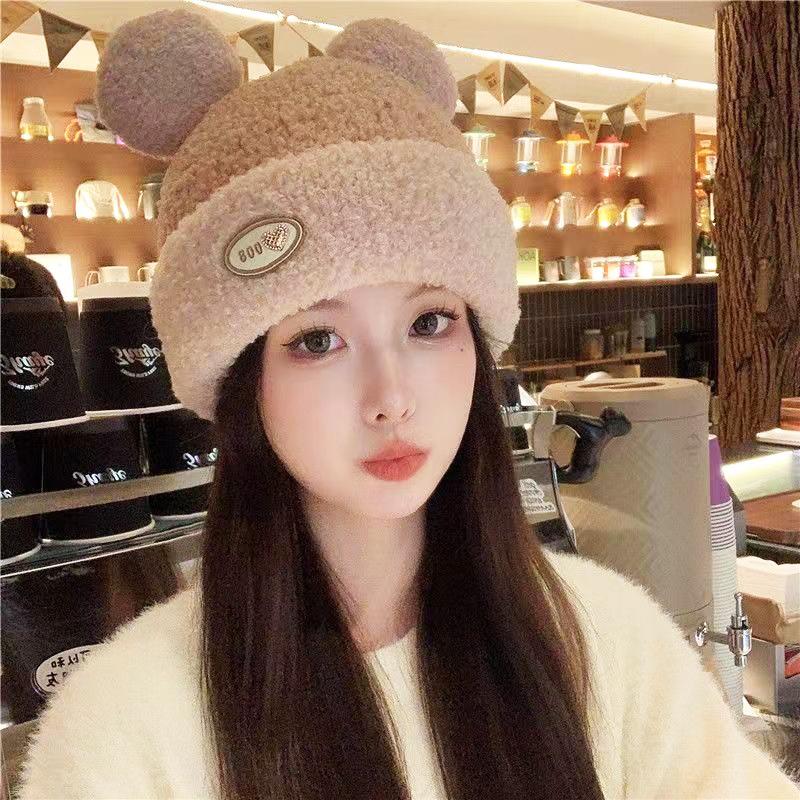 Winter Hat Women S Knitted Hat New Thickened Velvet Cute Bow Bow Ear Protection Cold Wind Cold Cap Women S Knitted Hat бежевый