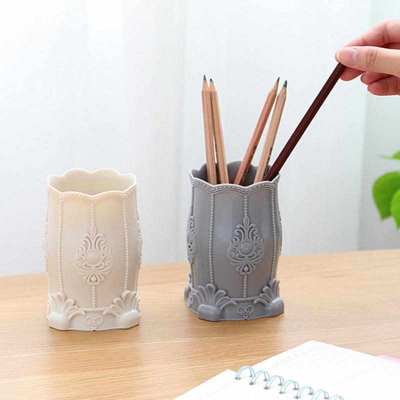 Pencil Holder Organizer Plastic Cosmetic Makeup Brush Desktop Pen Holder Stand Jewelry Storage Box White Pink Pen Pot Stationery