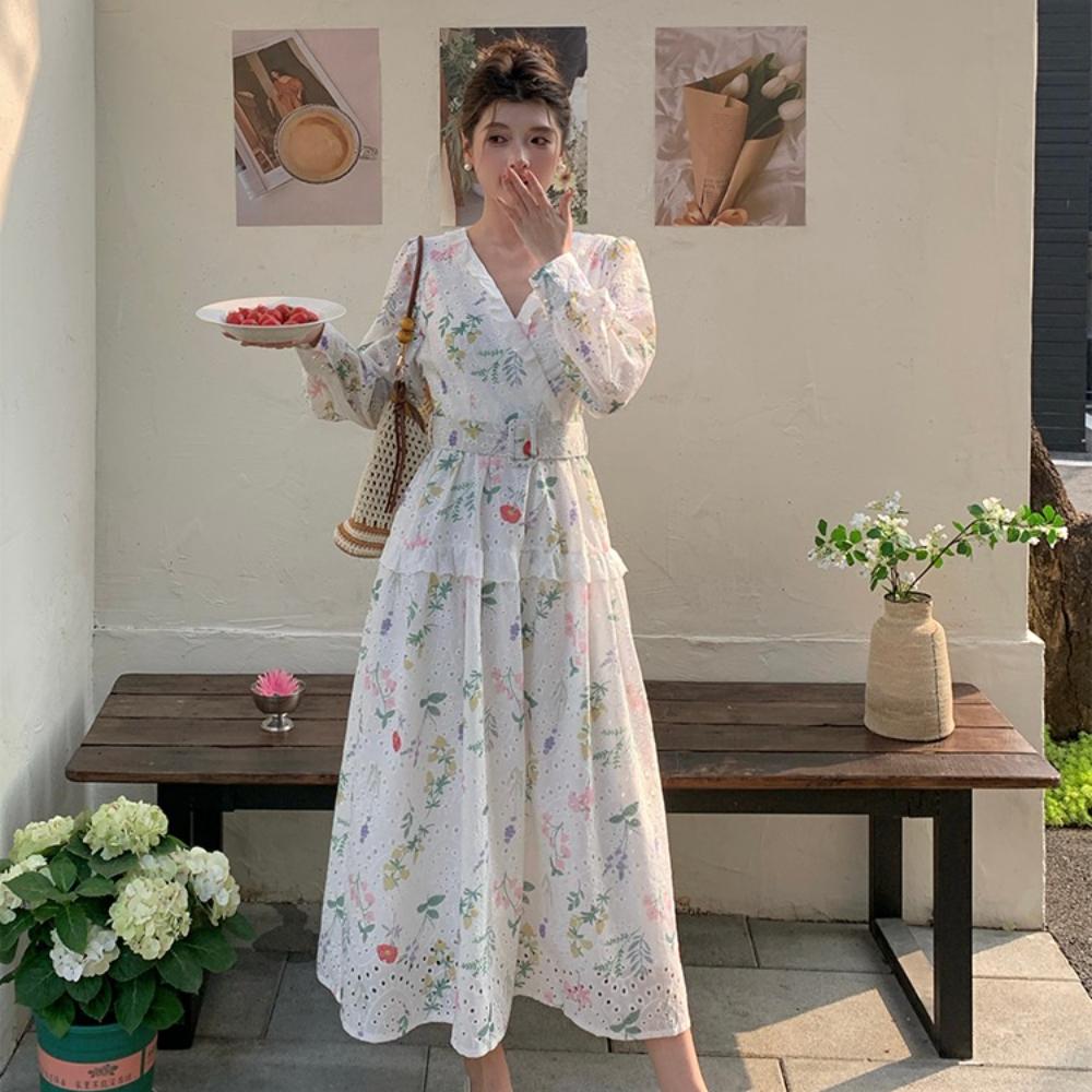 Spring Holiday Crochet Lace Embroidery Hollow Out Floral Print Party Dress Women's Long Sleeve Pearl Buttons Up Belt Clothing