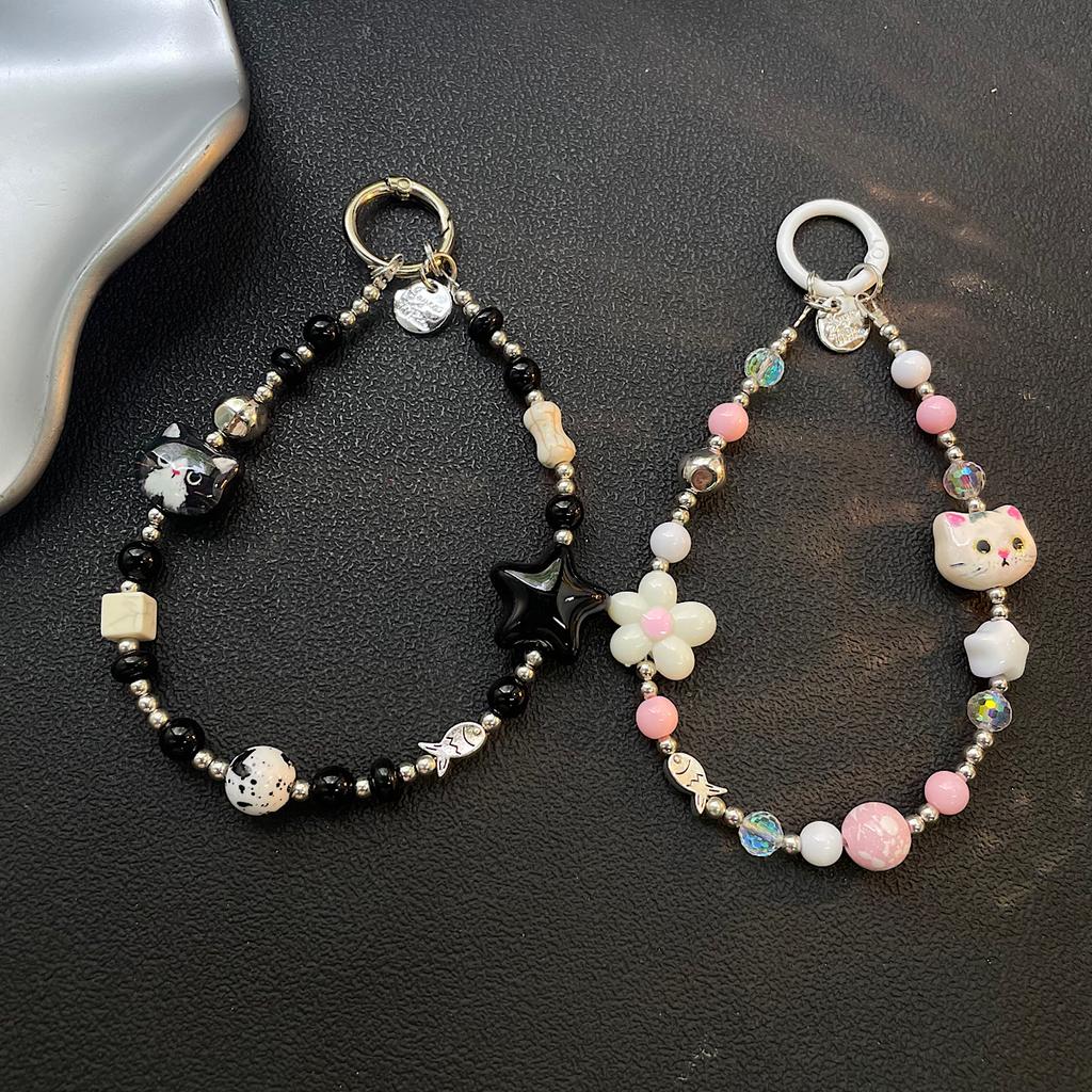 New Phone Chain Beaded Bow Cute Cat Charm Accessory Wrist Strap for Mobile