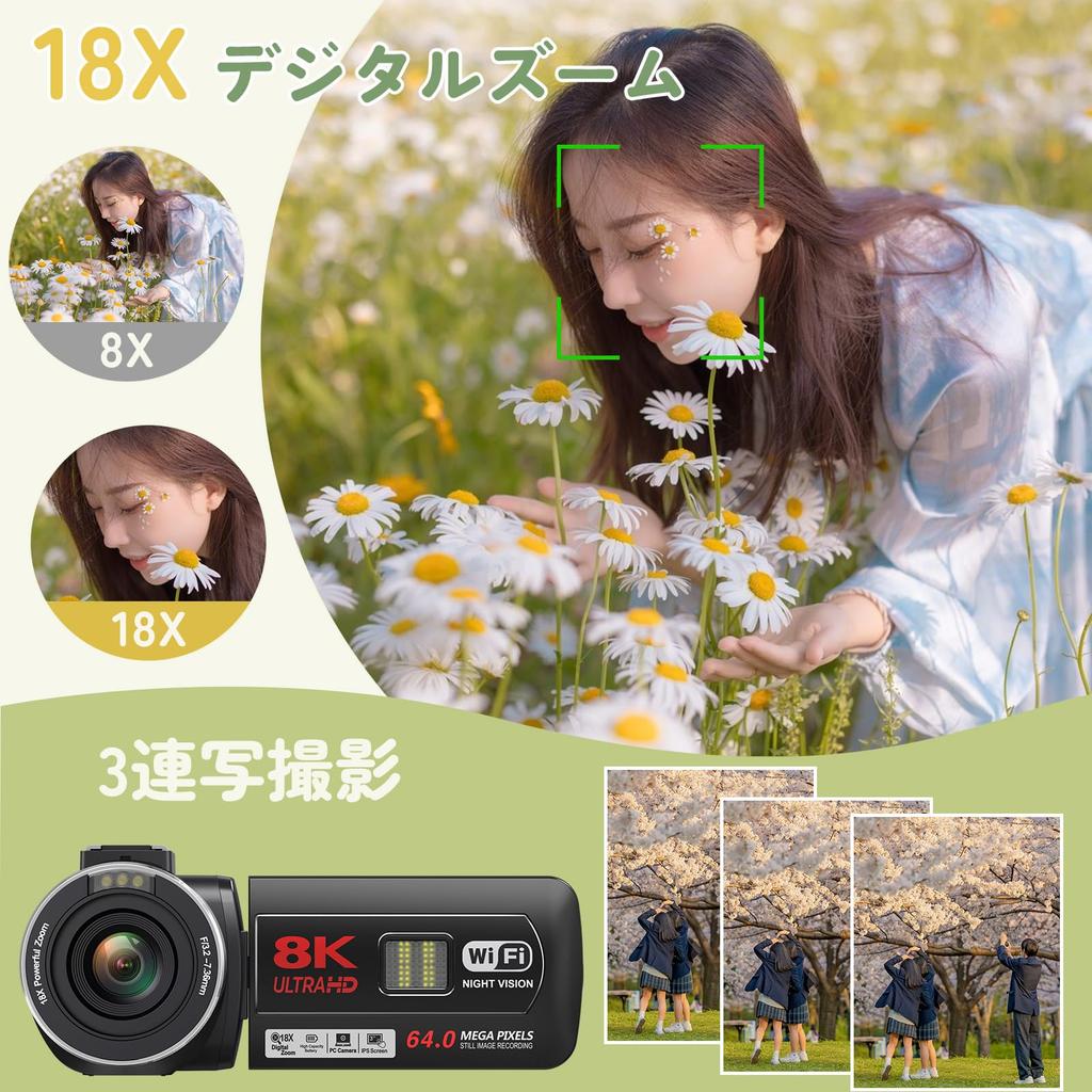 8K 64MP Video Camera with 18X Digital Handheld Shock IR Night 64GB SD Remote External Japanese Instruction Vlogging Camera for School and Beginners