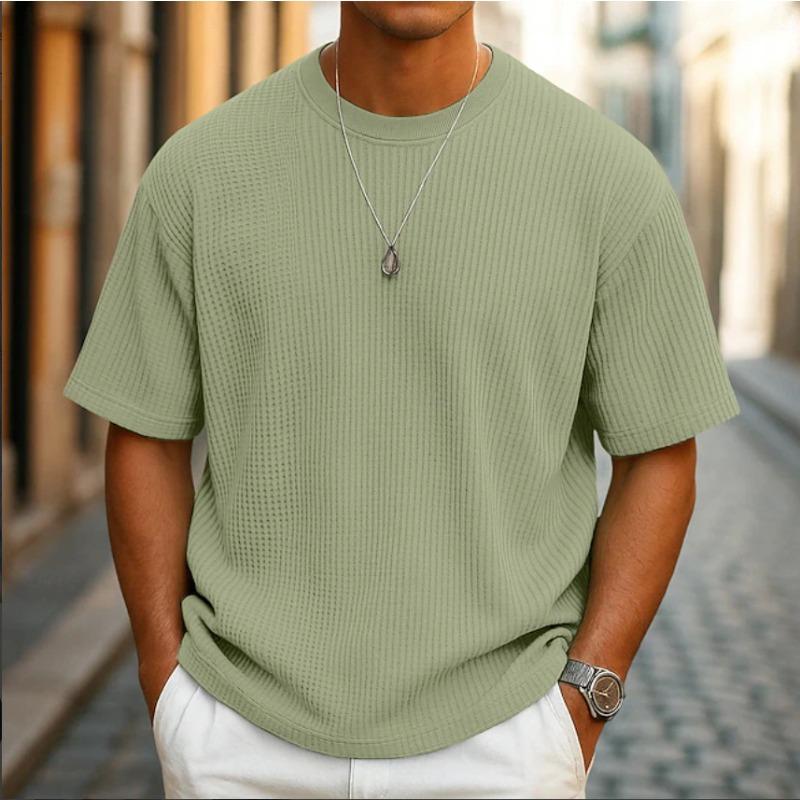 Summer New Men's Casual Solid Color Waffle Crew Neck Loose Short-sleeved T-shirt