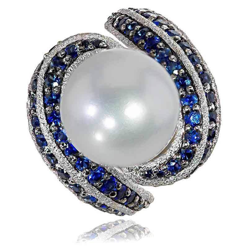 Newly-Designed Luxury Party Ring for Women Gorgeous Bright Blue CZ Jewelry Simulated Pearl Accessories for Anniversary