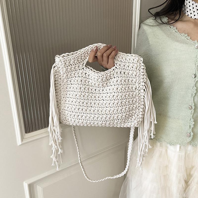 Yogodlns Knitted Tassel Bag New Summer Vacation Style Single Shoulder Diagonal Cross Woven Bag Fashionable Simple Women's Handbag