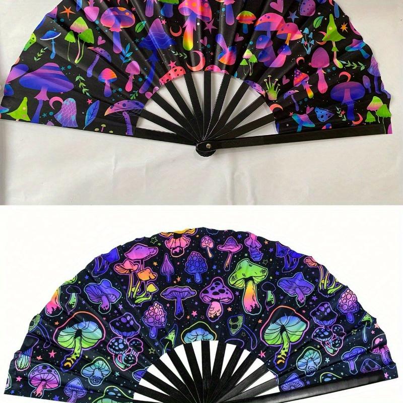 Glow Party Decorations Supplies.Mushrooms Folding Fan, Uv Glow Rave Fan Festival Fan, Silk Chinese & Japanese Palm Fan