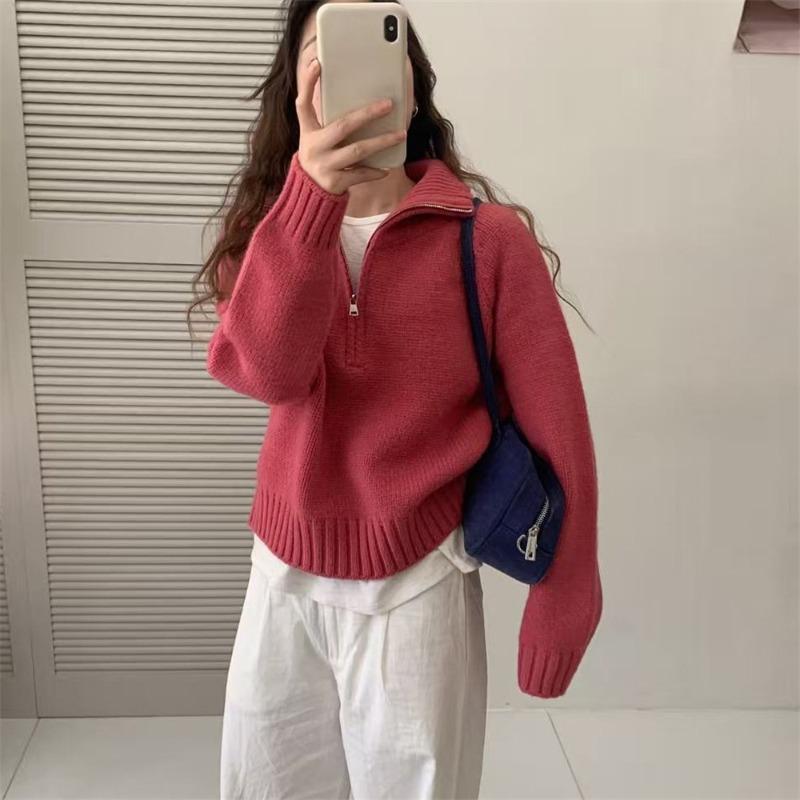 Lapel Half-zipper Short Pullover Sweater Women's Autumn and Winter New Thick Shoulder-plugged Long-sleeved Solid-color Casual Knitted Top