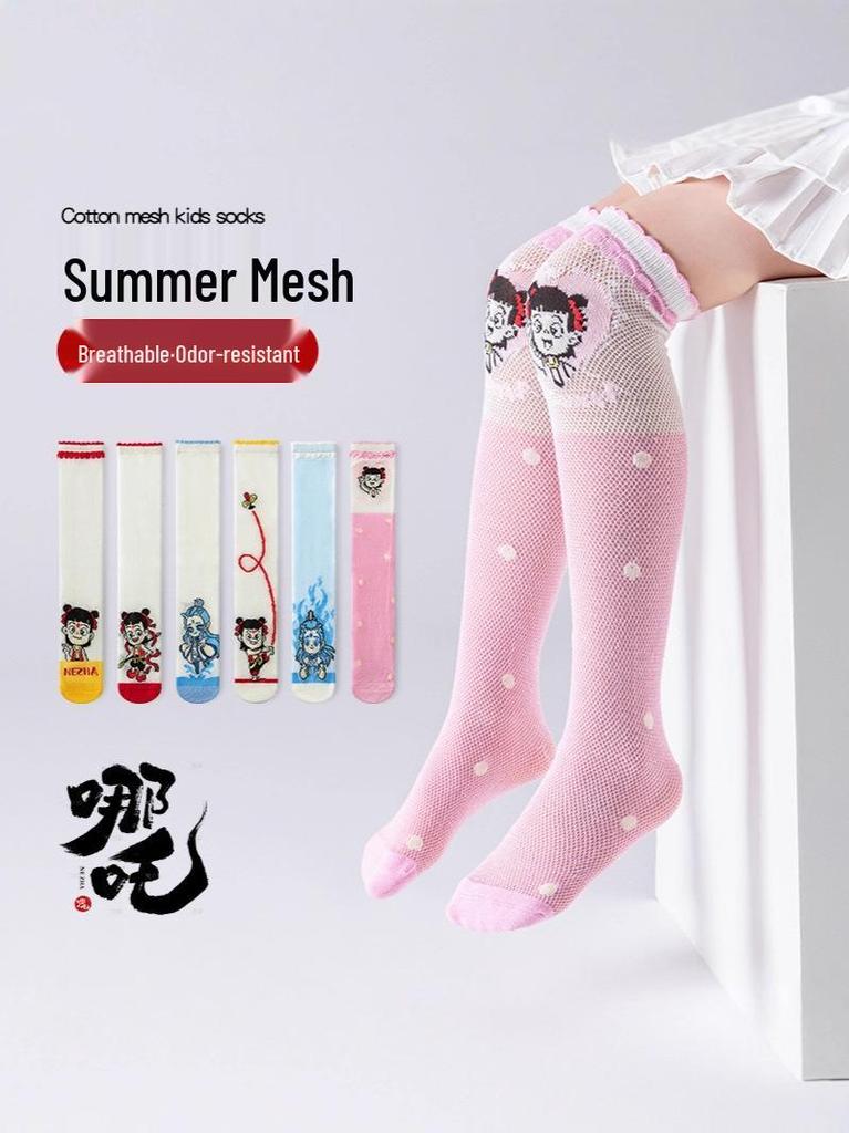 Nezha Cartoon Kids' Summer Socks: Cute, Breathable, Thin Mid-Calf Mesh Cotton Socks for Girls
