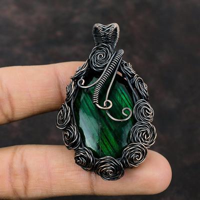 Green Fire Labradorite Pendant Copper Wire Wrapped Pendant Handmade Copper Jewelry Original Gemstone Pendant Wire Wrap Jewelry Gift For Mom