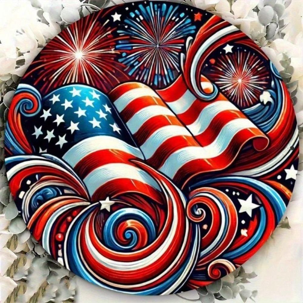 Metal Wall Art Poster, Patriotic American Flag Round Sign for Home Decor