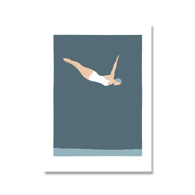 Solid Wood Frame Modern Wall Art Print Posters Female Swimmer Diving Into Swimming Pool Swimming Canvas Painting Gym Office Kitchen Home Decor