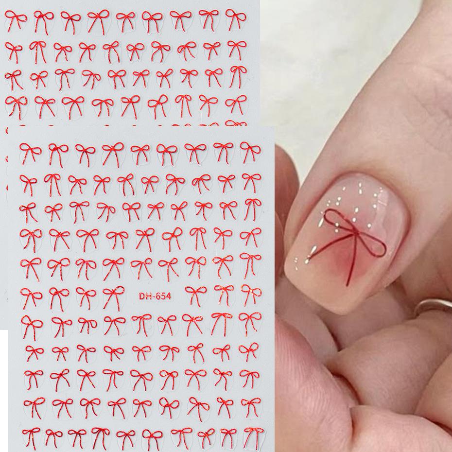 Valentine'S Day 3D Bow Nail Stickers French Minimalist Red Bowknot Designs Self-Adhesive Decals For Diy Nail Decor Itemations