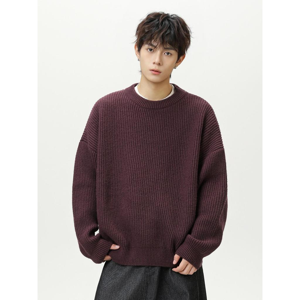 Solid Color Lazy Style Thick Needle Heavy Round Neck Sweater Men's Autumn and Winter Trendy Brand Retro Sweater Loose Casual Jacket