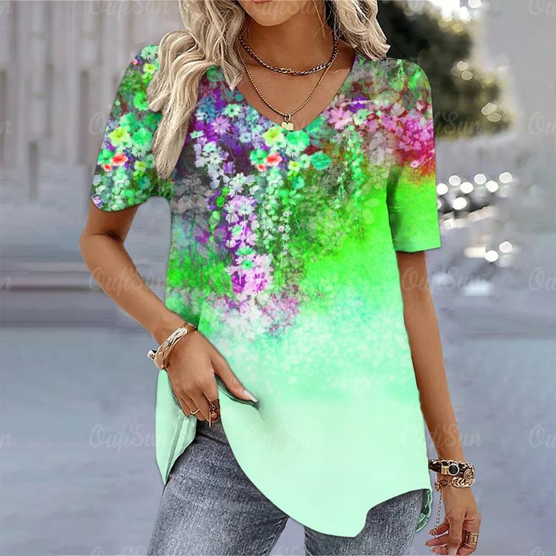 Vintage Damen T-Shirt 3D Blumenmuster Lady Kleidung Sommer V-Ausschnitt Übergroße Bluse Weiblich Harajuku Casual Kurzarm Tops