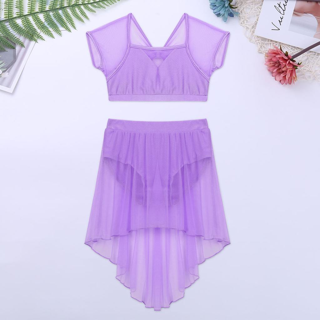 Zweiteiliges Tanz-Outfit für Kinder, Mädchen, Netzrock, Spleiß-Crop-Top und High-Low-Rock-Set