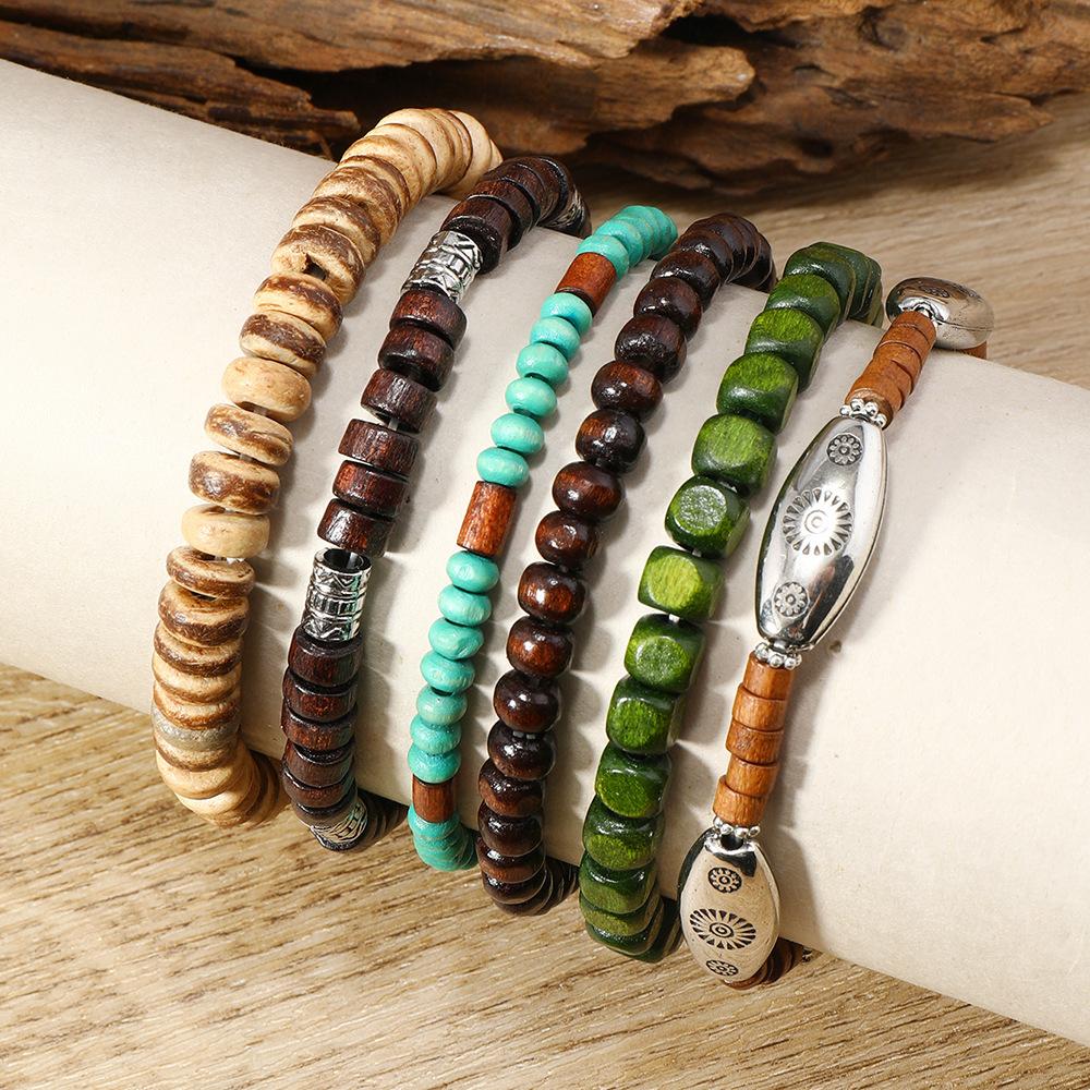 Wood Bead Alloy CCB6-piece Multi-layer Elastic Bracelet Bracelet, Simple Retro Multi-piece Bracelet