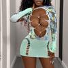 Sexy Lingerie Printed Craft Sexy Fishnet One-piece Pajamas Hip Wrap Skirt Long Sleeve Tight-fitting Net Clothes