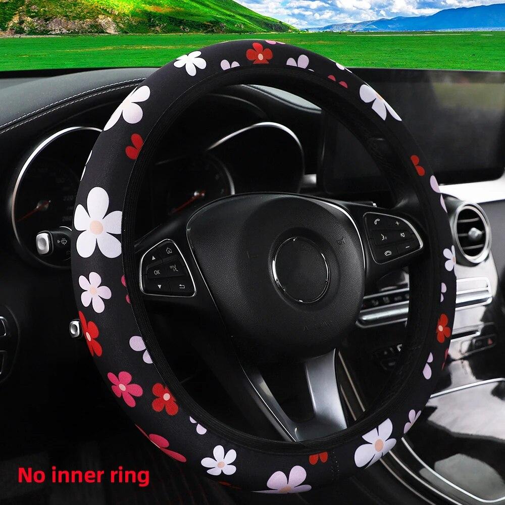 Flower Panda Spider Web Fabric Non-slip Car Steering Wheel Cover without Inner Ring Car Accessories Suitable for 14.5-15INCH