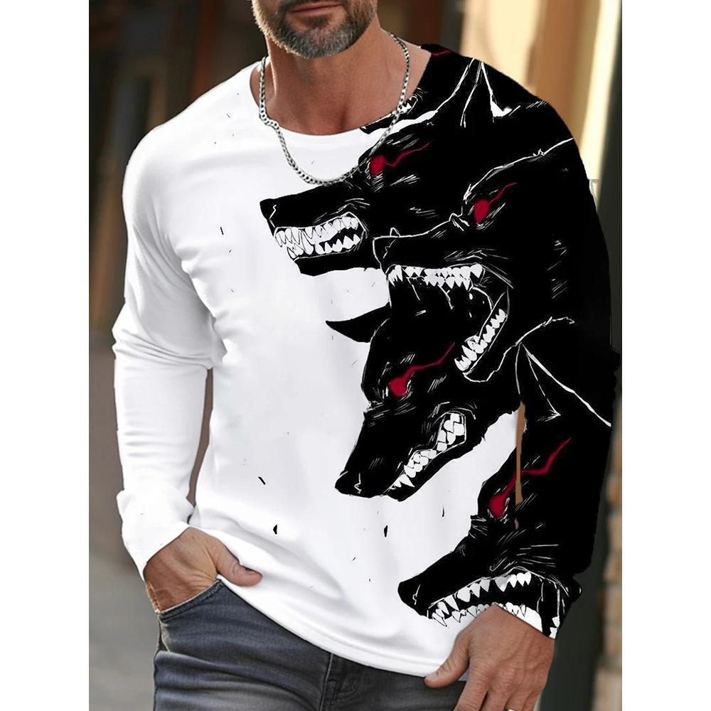 Spring and Autumn Round Neck 3D Animal Wolf Lion Pattern Printed Top Fashionable Casual Long Sleeved Men's T-shirts
