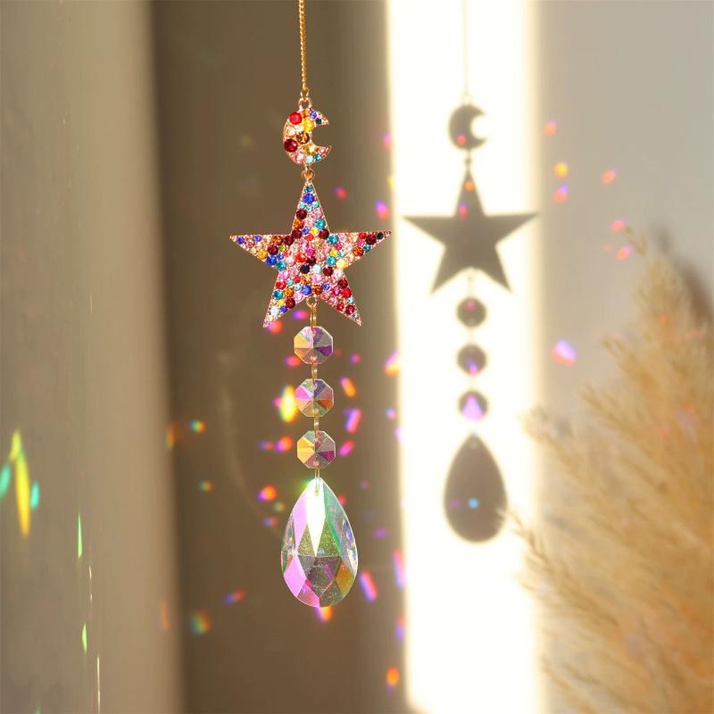 Bohemian Sun Moon Star Crystal Suncatcher Hanging Ornament Rainbow Prism Pendant for Window Home Decor