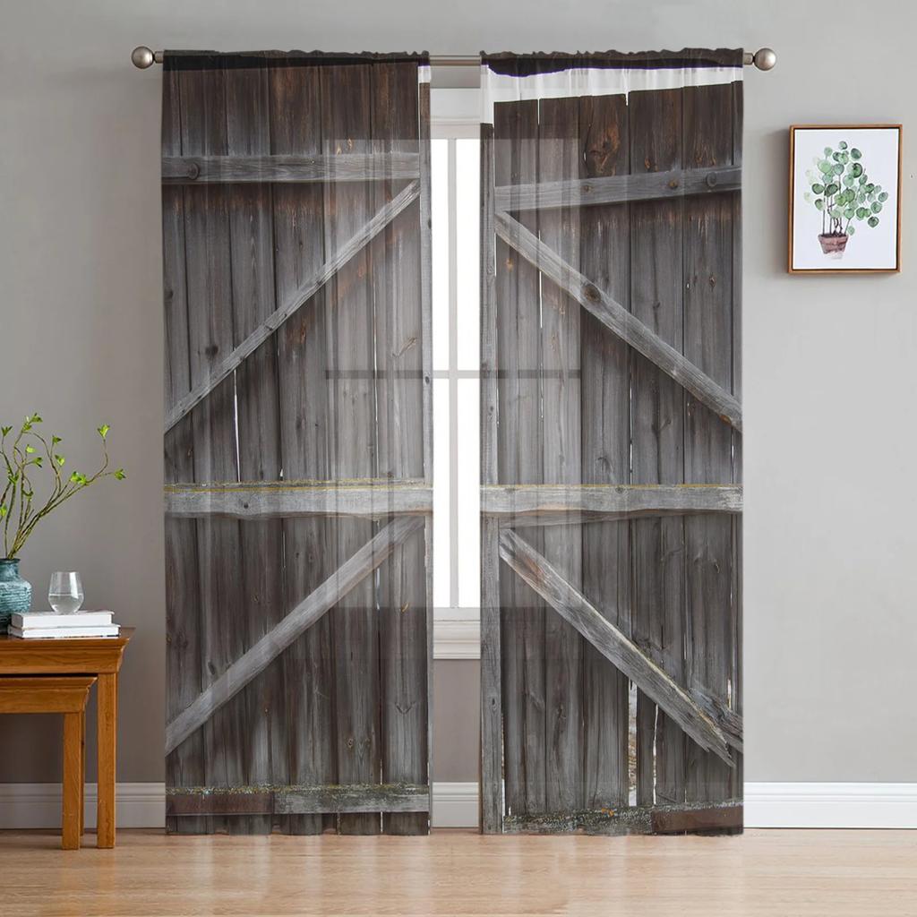 Farm Barn Wooden Door Tulle Drapes Ideal for Living Room Print Sheer Voile Curtain Bedroom Window Screening Drapes Blinds Home Decor