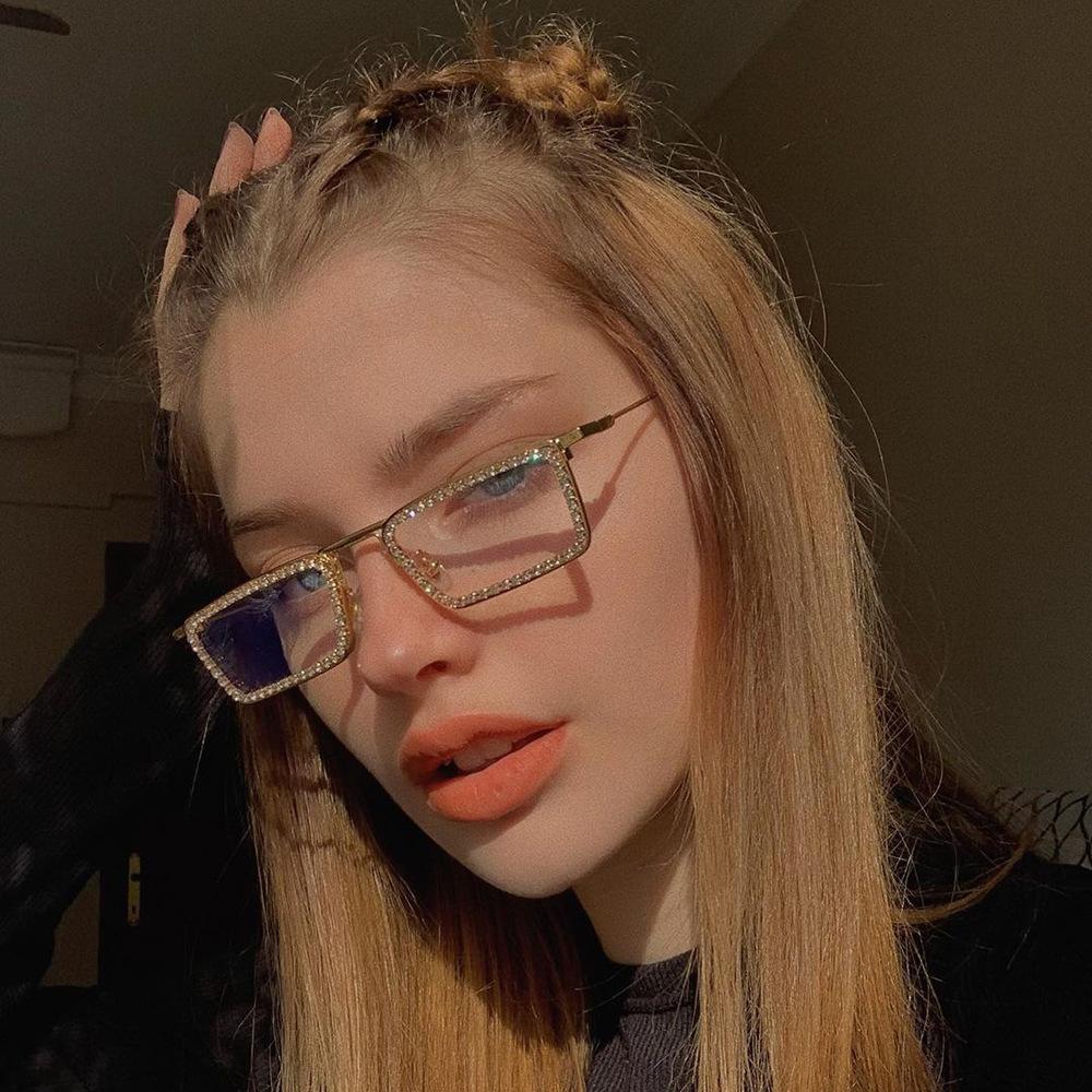 Diamond Small Rectangular Sunglasses Women Metal Frame Crystal Shades Clear Lens For Female Rhinestone Sun Glasses Premium Brand