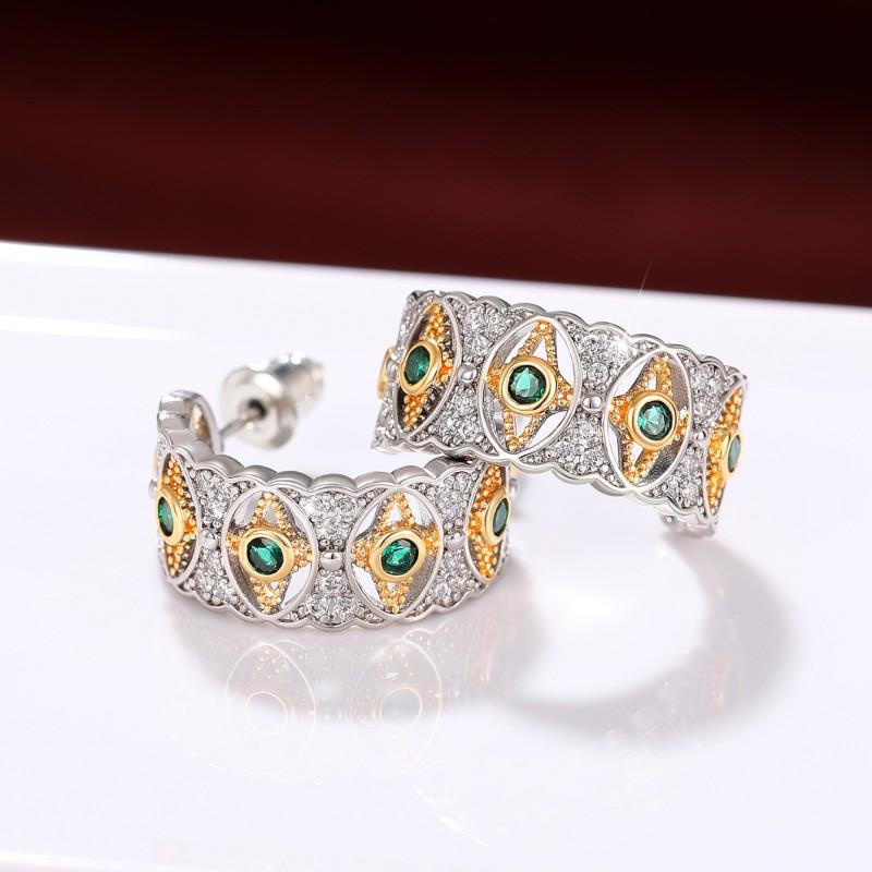 Huitan Zweifarbige Creolen mit Grün/Weiß Zirkonia Luxus Trendige Damen Ohraccessoires Hochzeitsparty Einzigartiges Design Schmuck Neu