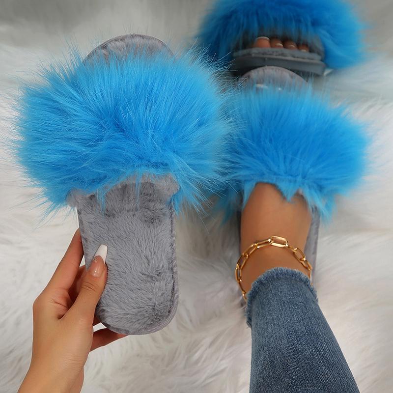 Fashion Winter Fluffy Plush Home Slippers for Women Solid Color Open Toe Flat Fur Slides Woman Comfortable Warm Indoor Bedroom Slippers
