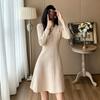 Autumn Winter V-neck Long-Sleeve Knit Dress for Women Elegant Solid Double Pockets Vertical Stripes A-Line Short Sweater Dress