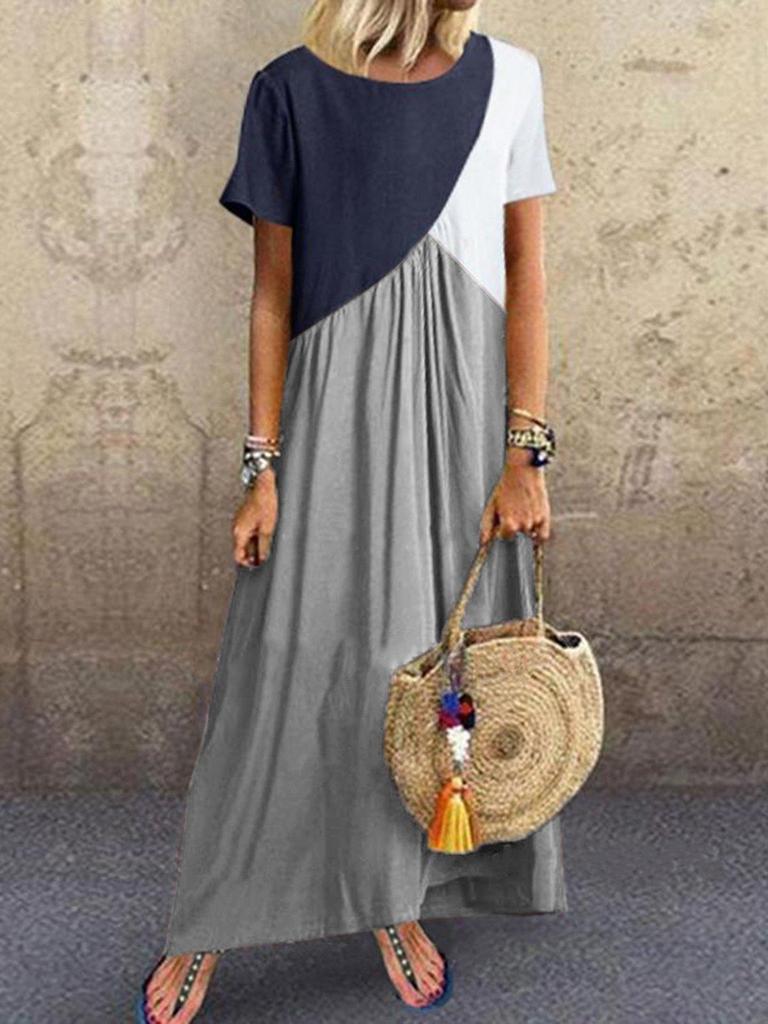 2023 Geometric Color Block Patchwork Long Summer Beach Dress