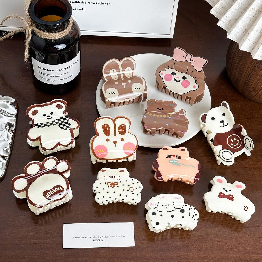 Cute Versatile Bear And Rabbit Acrylic Printed Cartoon Hair Clips For Girls