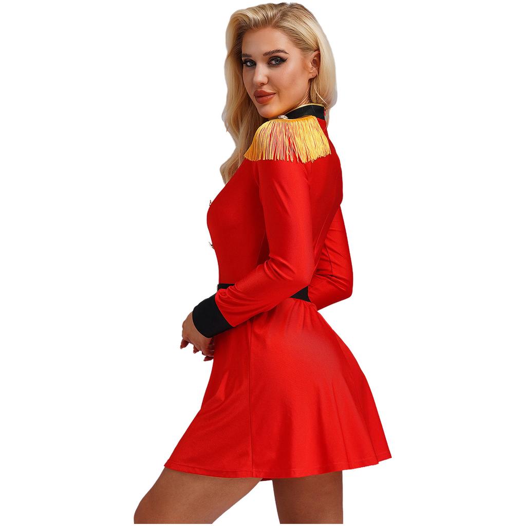 Womens Lion Tamer Costume Tassel Shoulder Long Sleeve Circus Ringmaster Dress Belted Halloween Outfit