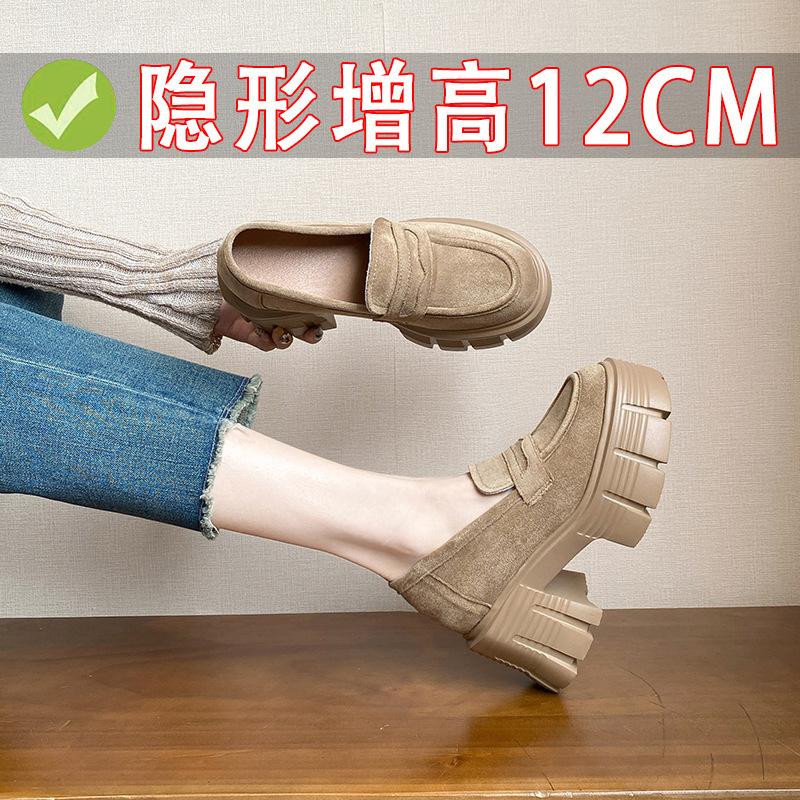 

12 см толстая подошва внутренняя высота увеличение маленький толстый каблук высокий каблук маленький размер одинарная обувь маленькие кожаные туфли женские хаки 38