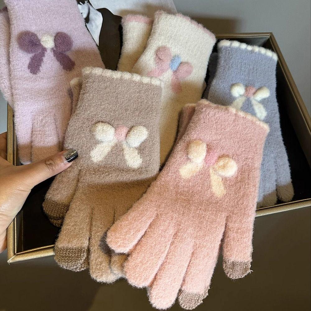 Bowknot Women Knitted Gloves Thicken Warmth Warm Mittens Elastic Winter Gloves
