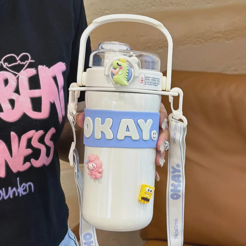 Girls' Stylish 316 Stainless Steel Thermos Cup with Straw & Crossbody Strap, Dual-Opening, 2023 Model