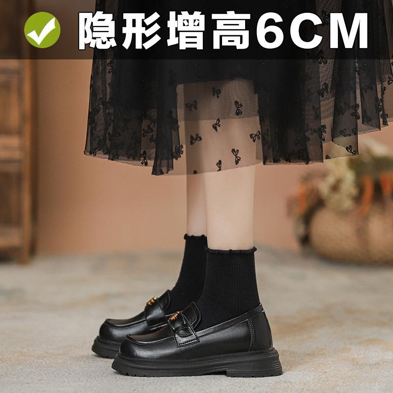 Women's New Versatile Soft Leather Commuting Single Shoes with a Thick Sole and an Inner Height of 6cm, Small Black Leather Shoes