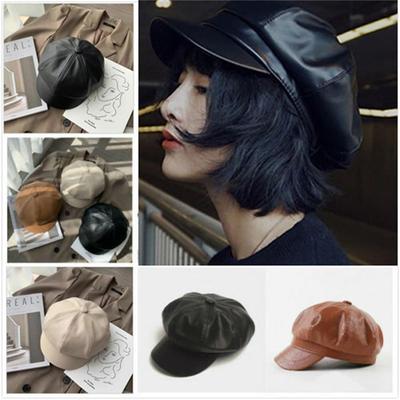 Casual New Fashion PU Leather Octagonal Newsboy Cap Newsboy Hat Peaked Cap Beret Hat