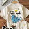 Retro Beach Aesthetic Print T-shirt Front Small Sun Back Big Wave Design Casual Short Sleeve Top